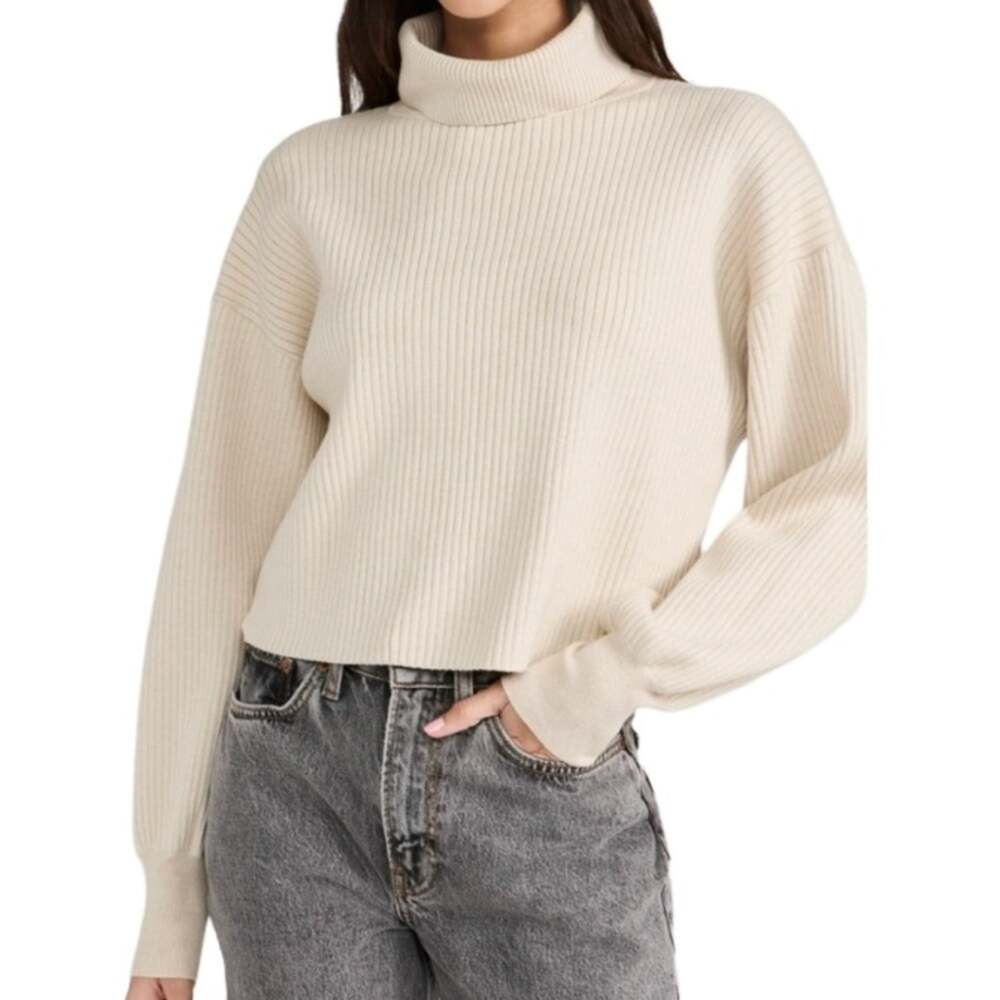 Good American Wide Rib Mock Neck Crop Sweater - Oatmeal Size XS